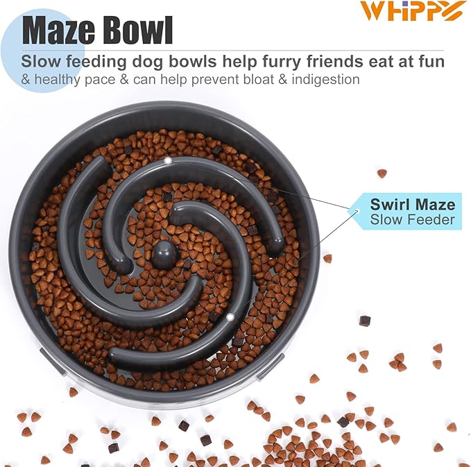 Whippy Slow Feeder Maze for Small/Medium Dogs - Fun, Interactive, Anti-Slip, No Choking, Healthy, Bloat Stop Dog Food & Water Bowl, Gray