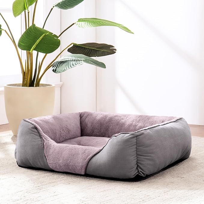 MIXJOY Calming Dog & Cat Beds - Soft Rectangle & Orthopedic Designs, Anti-Slip | Small / Medium Dogs & Indoor Cats (25x21in, Grey)