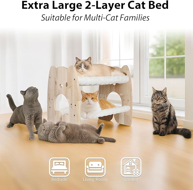 Extra Large Elevated Cat Bed, Solid Rubberwood Cat Hammock Bed with Soft Breathable Cover, Double Pet Beds for Multi-Cats Households Small Dog Rabbit