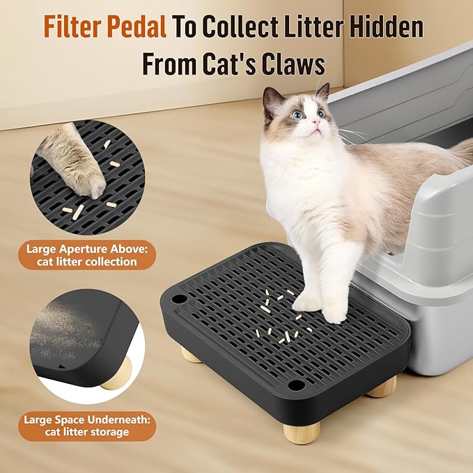 Cat Litter Box Step Ramp, Cat Litter Catcher Mat with Wooden Feet, Filter Function, Pedal Stool for Self-Cleaning Litter Box, Ideal for Kitten & Elderly Cats (Black)