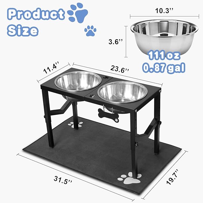 Elevated Dog Bowls, 4 Height Adjustable Metal Raised Bowl Stand with 2 Large 111 oz Stainless Steel Food Bowls & Spill-Proof Mat, Adjusts to 16.2'', 14.4'', 12.6'', 10.8'' for Large/Extra Large Breeds