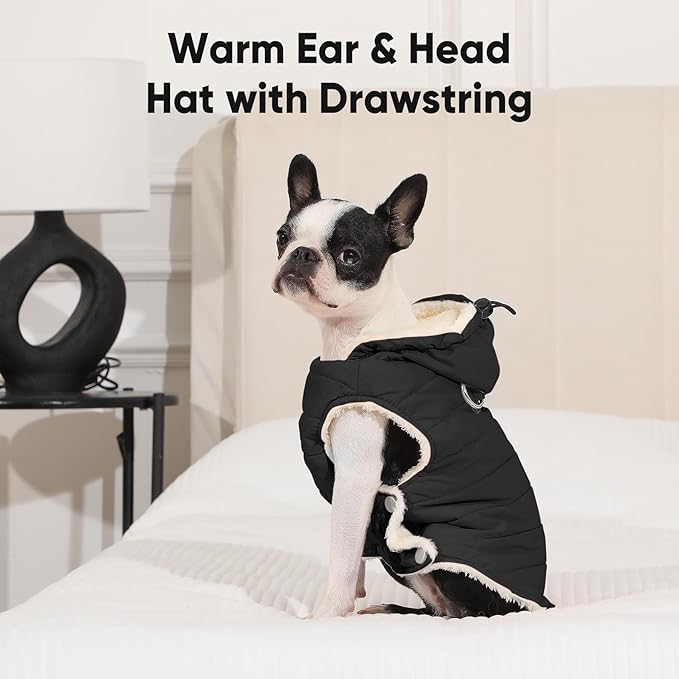 Fleece Lining Dog Hoodie with Harness Built in,Extra Warm Medium Dog Jacket in Winter Doggie Coats with Drawstring Hooded,Black L