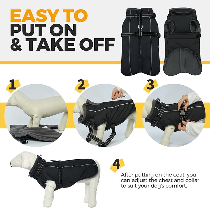 Lelepet Waterproof Dog Jacket with Harness Built in Warm Dog Winter Coat, Reflective Fleece Jacket, Dogs Coats for Medium Dogs, Cozy Thermal Turtleneck Pet Snowsuit for Cold Weather,Pug, Black, M