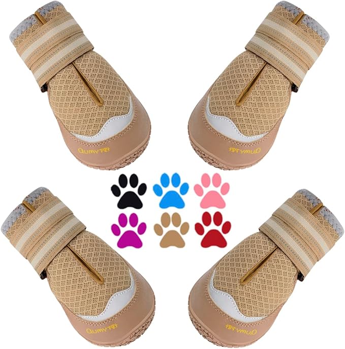 QUMY 4PCS Dog Boots for Large Dogs, Medium Dog Shoes & Paw Protectors for Hot Pavement, Summer Heat Protection, Mesh Breathable Nonslip Dog Booties for Hardfloors, Walking Running Hiking Khaki Size 1