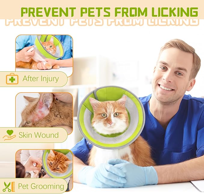 Breathable Air Mesh Cat Cone Collar Soft to Stop Licking, Adjustable, Foldable Lightweight Kitten Cones After Surgery Recovery for Cats & Kittens (Green, M)