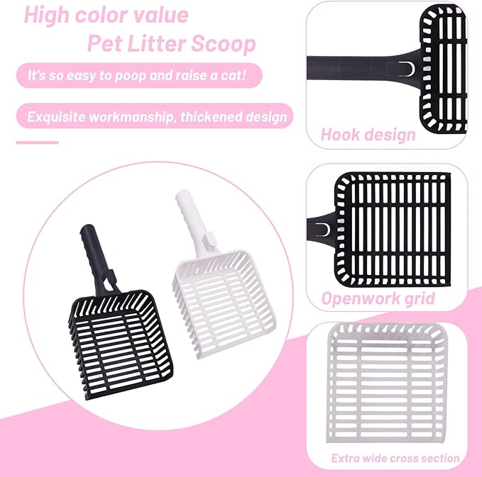 YXQ 2Pcs Litter Scoop for Cats Plastic Durable Deep Shovel Small Holes and Long Handle for Sifting Kitty Litter (White+Black)