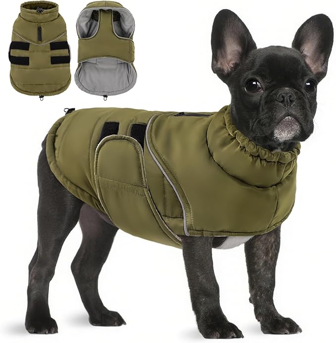 Peferhouse Warm Winter Coat for Large Dogs, Cold Weather Windproof Reflective Jacket With Harness Hole, Thick Vest ArmyGreen L