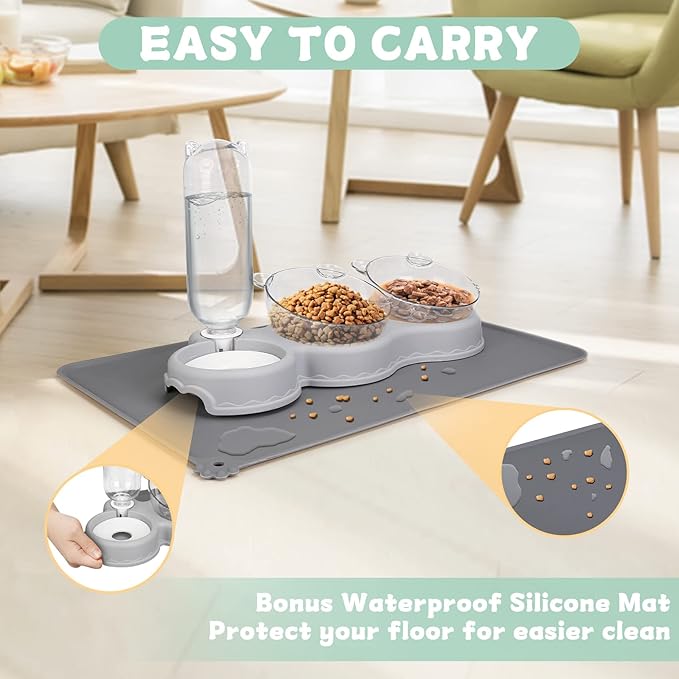 Triple Cat Bowls for Food and Water, YECERCAN Plastic Raised Cat Bowls with Automatic Water Bottle & Waterproof Mat for Cats/Small Dogs, 3 in 1 Pet Feeder for Wet/Dry Food