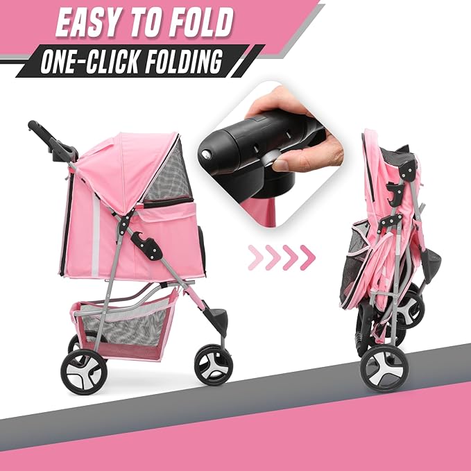Cat Dog Stroller, 3-Wheels for Medium/Puppy Dogs 30 Lbs, Foldable Pets Stroller with Storage Basket and Cup Holder, Breathable Mesh Pink