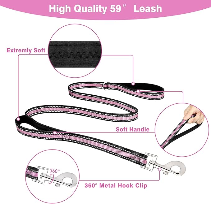 WINSEE Pet Harness Collar and Leash Set, All-in-one Reflective Dog Harness No Pull with Adjustable Buckles for Puppies, Small, Medium, Large, and Extra-Large Dogs (X-Large, Pink)