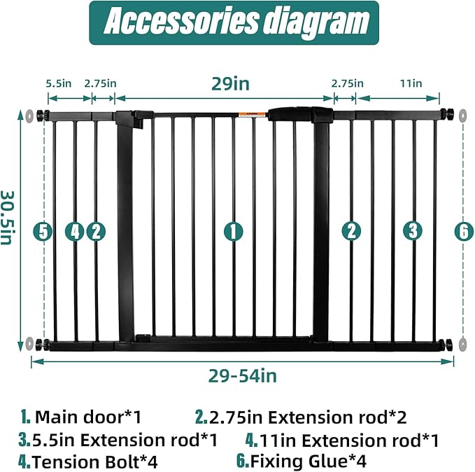 29-54" Dog Gates for Doorways No Drilling, Pet Gate Indoor, 30" Tall Metal Walk-Thru Gate, Easy One-Hand Open, Extensions & Wall Mounts Included (Black, 54" W x 30.5“H)