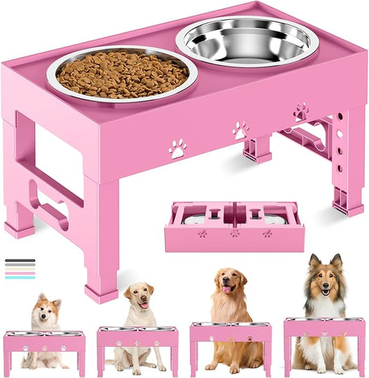 Elevated Dog Bowls with 2 Stainless Steel Bowls, Raised Dog Food Bowl Stand 5 Height Adjustable (3.1", 9", 10", 11", 12") Non-Slip Feeder Set for Medium and Large Dogs - Pink