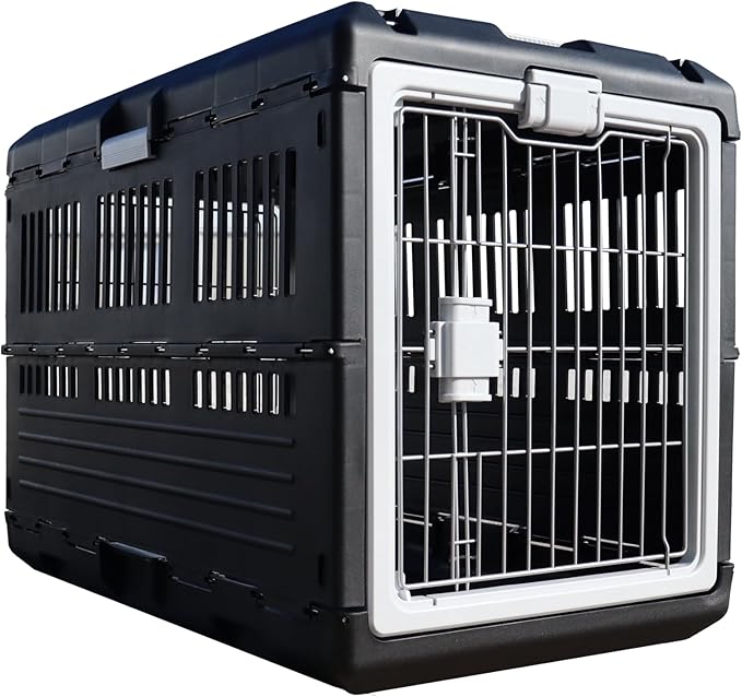 USA Pet Carrier & Crate 35" - Premium Collapsible Design for Medium Cats and Dogs - Portable Kennel for Indoor/Outdoor - 360° Ventilation & Hard Plastic Wall Protection (Gray Handle, Large)