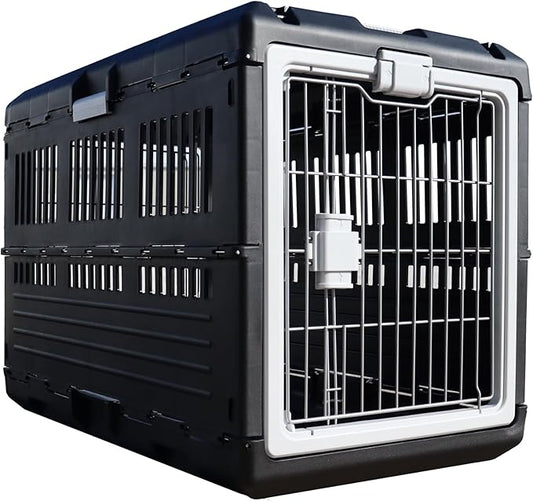 USA Pet Carrier & Crate 35" - Premium Collapsible Design for Medium Cats and Dogs - Portable Kennel for Indoor/Outdoor - 360° Ventilation & Hard Plastic Wall Protection (Gray Handle, Large)