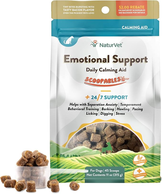 NaturVet Scoopables Emotional Support for Dogs - Daily Calming Aid Promotes 24/7 Normal, Calm Behavior - Hickory Smoked Bacon Flavored | 11oz Bag