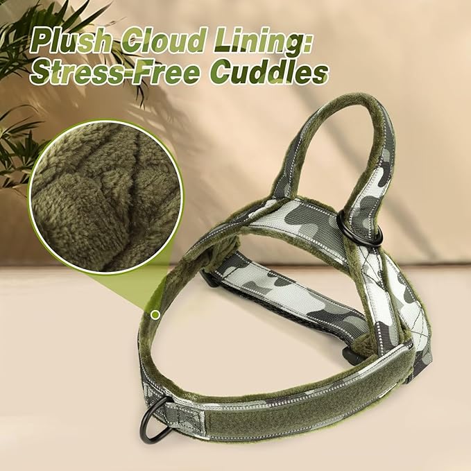 Forestpaw No Pull Dog Harness with Large Handle,Slip on Reflective Vest with Quick Release Buckle,Comfortable Flannel Lining for Medium Large Dogs Walking Training (Includes 3 Patches),Green Camo L