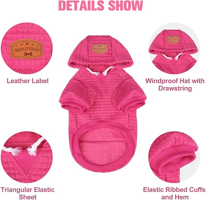 BEAUTYZOO Medium Dog Hoodie Sweater with Pockets, Dog Clothes for Small Medium Dogs Boy Girl, Waffle-Like Laminated Cotton Pet Coats with Hat and Leash Hole, Rose Pink XL