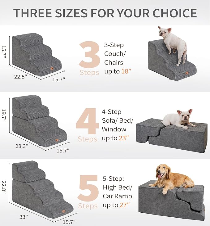 Made4Pets Dog Stairs Ramp for Small Dogs, 3-Step Dog Steps for Bed Couch Sofa and Chair, 35D Foam Pet Steps for Small Dogs and Cats, Non-Slip Bottom Pet Stairs, Grey