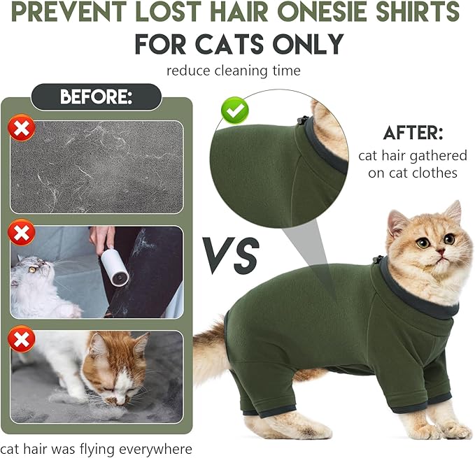 Sticky Cat Clothes Stretchy, Sphynx Hairless Sweater & Pajamas for Cats only, Soft Cat Onesie for Cats After Surgery Female Male & Hair Loss Prevention, Green XL