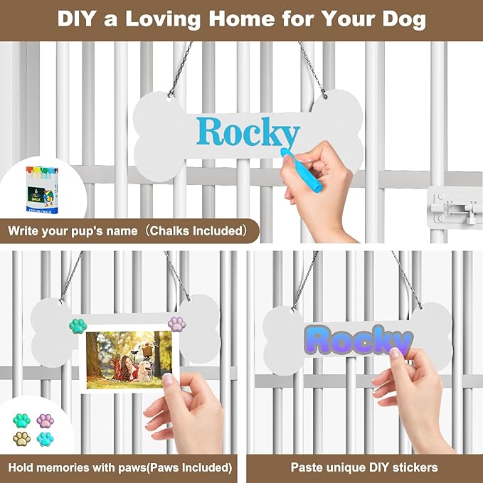 Easycom 41" Dog Crate Furniture Foldable, No Assembly Decorative Dog Kennel Indoor, Dog Crates for Large Dogs(35-60 lb), Wooden Dog Crate with Adjustable Bowls and Name Tag, End Table, White & Beech