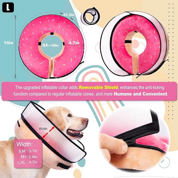 Inflatable Dog Cone Collar with Enhanced Anti-Licking, Soft Neck Donut for Dogs Cats, Recovery Pet Cone Collar After Surgery for Large Medium Small Dogs… (Donut Pink, Large)