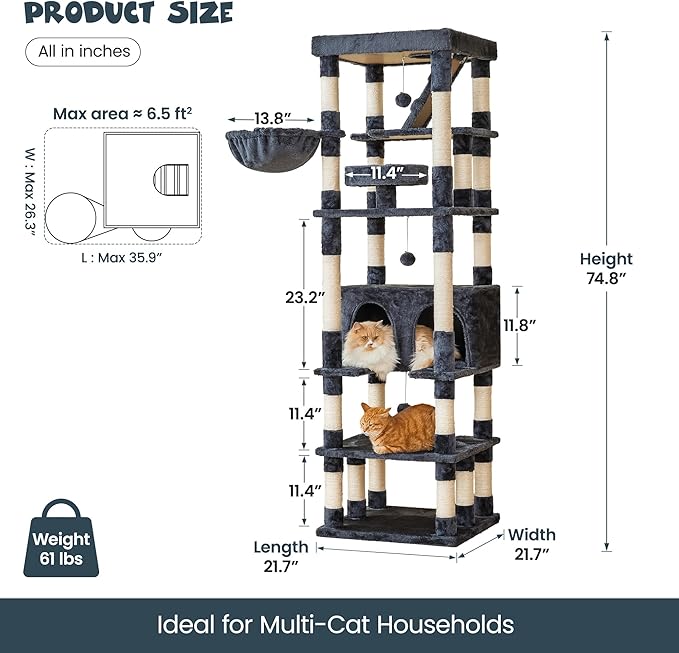 MWPO 74.8 inches Large Cat Tree with Sisal-Covered Scratching Posts & Condo, Tall Cat Tower Entertainment Playground Furniture for Cats & Kittens - Multiple Colors-Smoky Gray