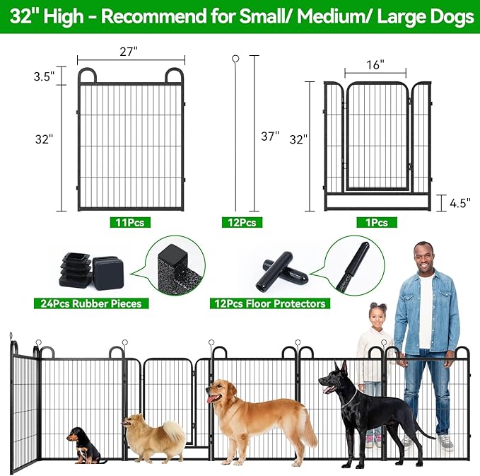 Dog Playpen Outdoor 12 Piece Panels Heavy Duty Dog Fence 32" Height Anti-Rust with Doors Portable for RV Camping Yard, Total 27FT, 58 Sq.ft, Snowy Black