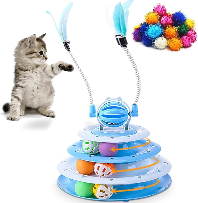 Vealind Cat Toy Roller 4-Level Turntable Cat Toys Balls with Colorful Pom Pom Balls Interactive Fun Mental Physical Exercise Puzzle Kitten Toys (Blue)