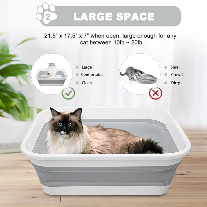Large Cat Litter Box for Kittens to Senior Cat, Elderly and Fat Cat,Elderly cat Mobility Issues,Foldable Travel Litter Box with Scoop (Grey)