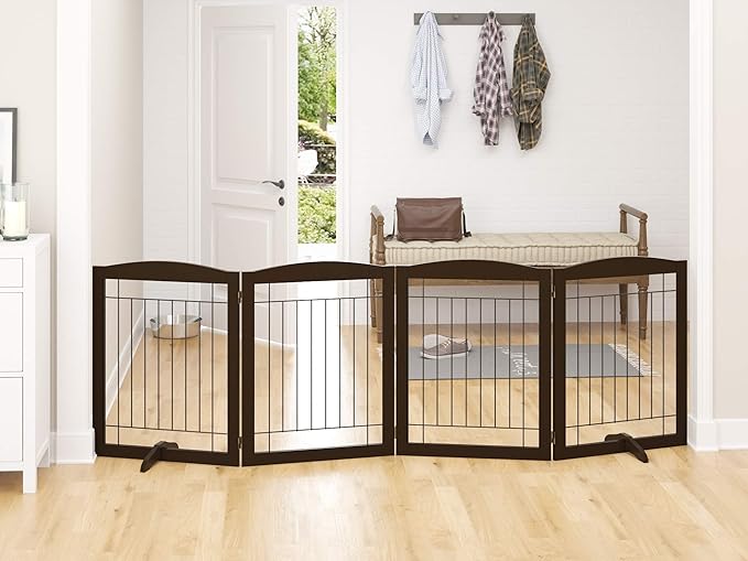 PAWLAND 96-inch Extra Wide Dog gate for The House, Doorway, Stairs, Freestanding Foldable Wire Pet Gate, Set of Support Feet Included (Espresso, 30" Height-4 Panels)
