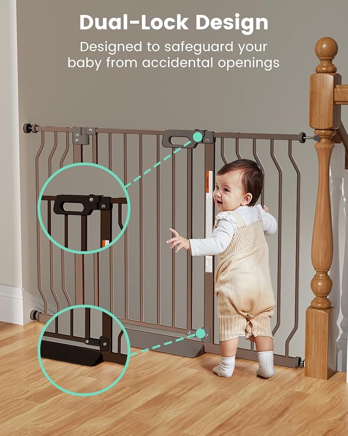 Mom's Choice-GROWNSY Baby Gate for Stairs, 29.5"-48.4" Pressure Mounted Baby Gate for Top of Stair&Doorway with V-Shaped Rods, Anti-Trip Pedal,Wide Stairs Dog Gate Easy Install w/Red Reminder,Brown