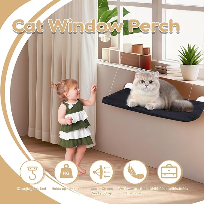 Cat Window Perch, Hanging Cat Hammock for Window, Foldable Cats Windows Bed with 4 Suction Cup, Windows Hammock for Cats Inside Perch Hold up to 44 Pounds Two Pets