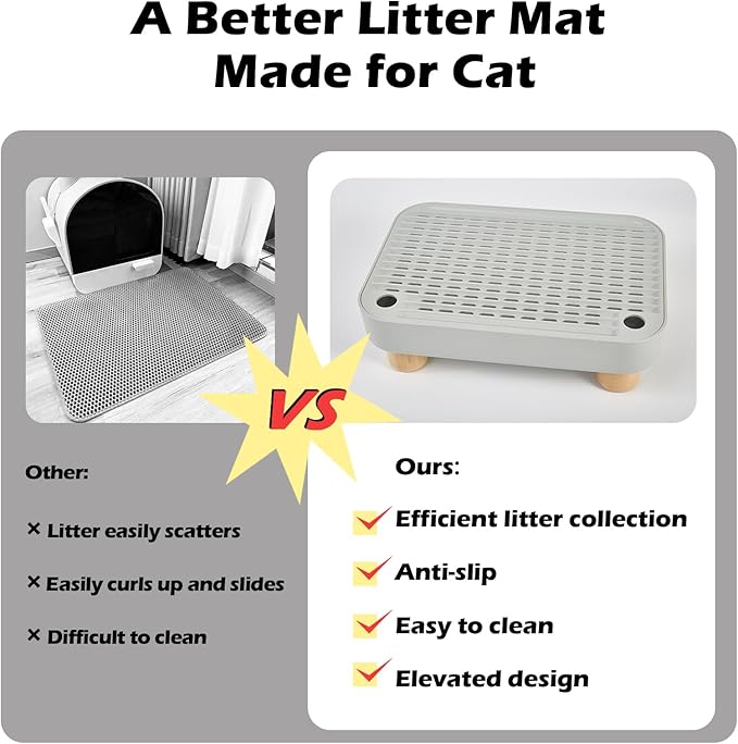 SpaceTime Elevated Litter Box Step/Ramp/Catcher Cat Litter Mat with Wooden Base,Anti-Tracking Cat Litter Trapping Pad for Kittens & Senior Cats,Easy to Clean,Washable & Waterproof Mat(Grey)