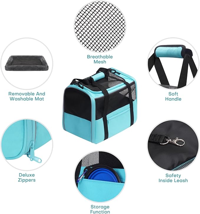 JUNGYOUN Premium Cat Carrier - Pet Carrier for Cat & Small Dogs up to 15lbs - Airline Approved Travel Dog Carrier with Anti-Escape Zippers, Collapsible Travel Bowl & Padded Strap,Blue