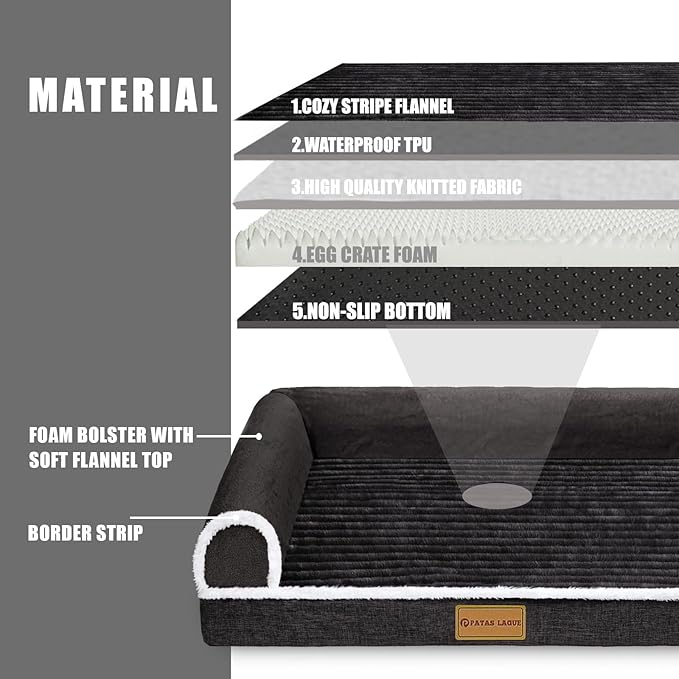 Patas Lague Orthopedic Dog Bed Large Sized Dog 36''X24'', Waterproof Comfortable L Bolster Medium Non-Slip Soft Warm Pet Crate Bed Sleep Sofa mat with Removable Washable Cover Black