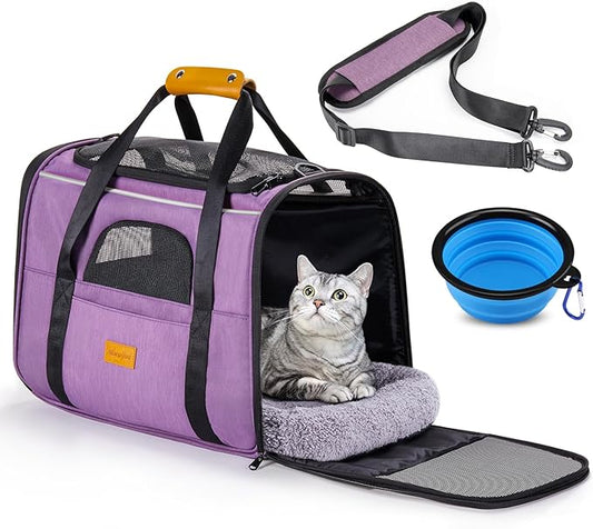 Morpilot Cat Carrier - Soft Sided Cat Carrier Large for Big Medium Cats and Puppy up to 18lbs, Pet Carrier with Safety Zippers, Foldable Bowl, Airline Approved Large Dog Carrier - Purple