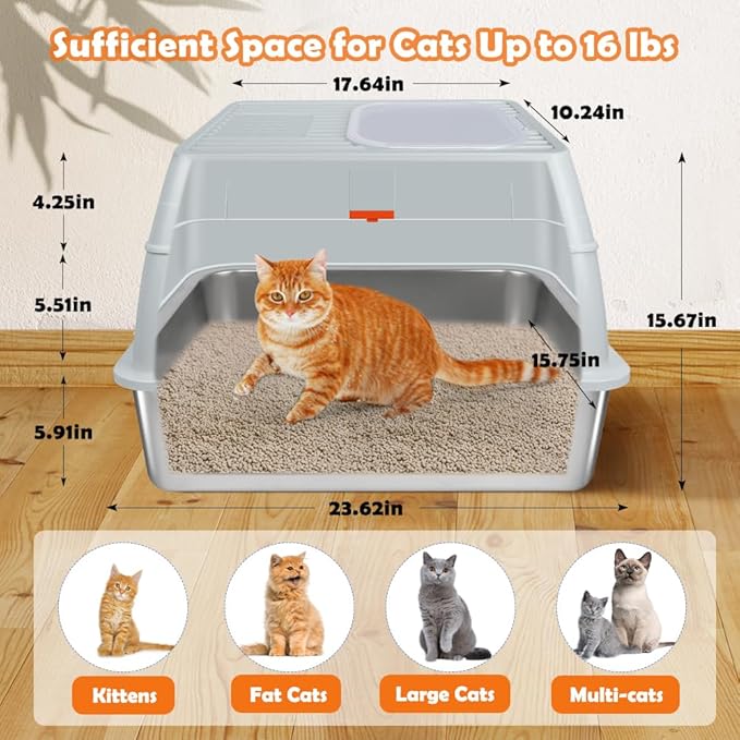 Vivifying Stainless Steel Litter Box with Lid, XL Front Entry Enclosed Extra Large Litter Box for Big Cats & Kitty, Top Exit Metal Cat Pan with Scoop, Mat, Trapping Step, Charcoal Filter (Gray)