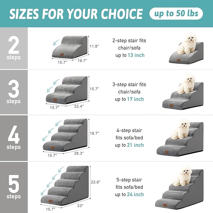 Dog Stairs for Small Dogs 15.7" H, Curved Dog Step for Puppy, Older Cat, Medium Pet Ramp for Sofa, Couch or Chair, Ladder with High Density Foam, 3 Step, 15.7x22.4x15.7 inch, Grey