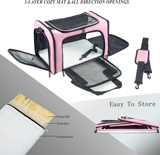 Soft Sided Carrier for Small Medium Cats Dogs,Removable Pad Collapsible Travel Pet Carrier Large Pink