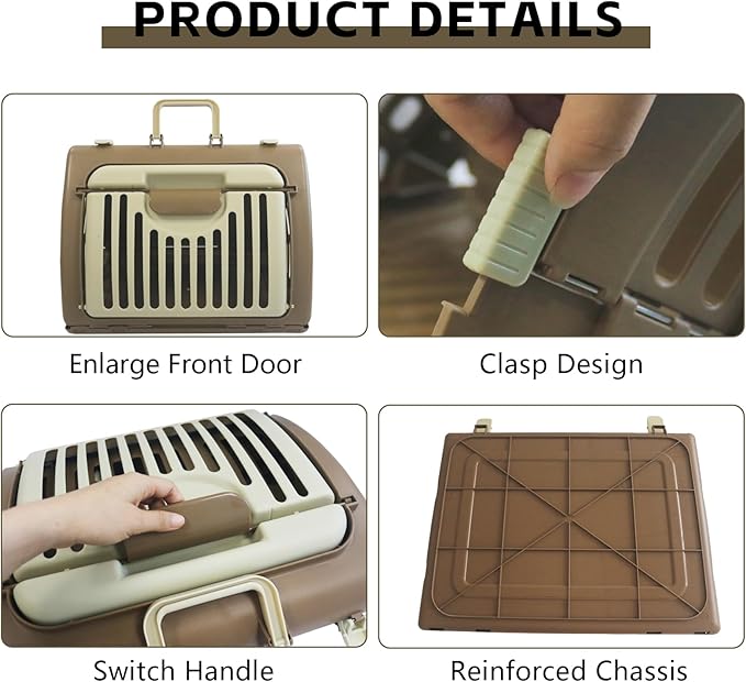 Foldable Travel Cat Carrier, Small Cat Carrier Hard Up to 25lbs, 18" Lx14.5 Wx14 H Front Open Type Plastic Cat Carriers, Beige + Coffee