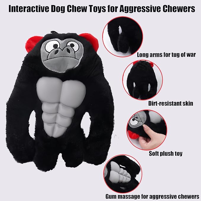 Tough Dog Toys for Heavy Chewers, Interactive Plush Dog Chew Toys with Rubber Muscles, Squeak Dog Toys for Aggressive Chewers, Dog Toy for Small Medium Large Breed (1PC-Black)