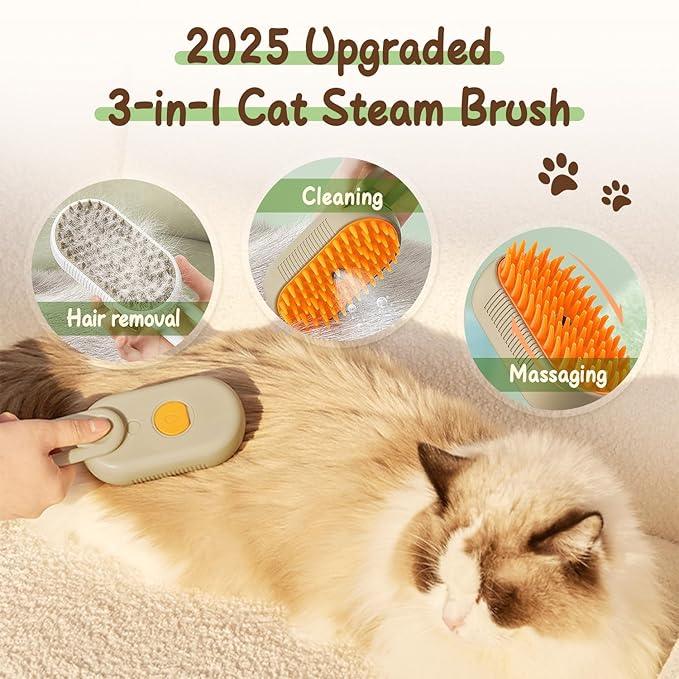 Upgrade Cat Steam Brush, 3 in 1 Pet Steam Groomer Brush, Rechargeable Pet Steam Groomer Comb for Massaging and Cleaning Shedding Pets Hair, Anti-Static Hair Removal Comb for Cats Dogs (Khaki)