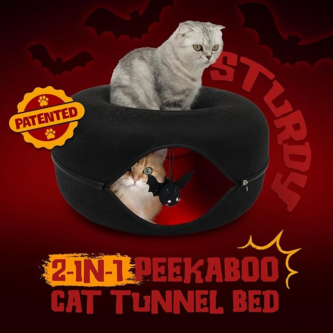 Cattasaurus Halloween Peekaboo Cat Cave for Multiple & Large Cats Up to 30-45 Lbs, Scratch Detachable & Washable Tunnel Bed, Comfy Donut Cat Cave (Gothic Bat, Large)