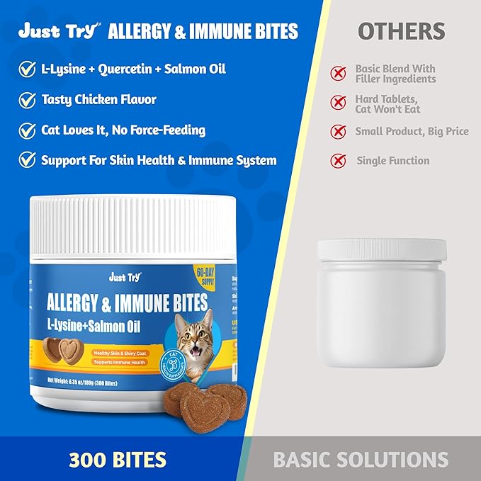 Just Try 300 Bites Allergy & Immune Bites for Cats - with L-Lysine & Quercetin for Itchy Skin Relief & Cat Allergy- Skin & Coat Health Eye Health- Grain Free Dietary Supplements for Pets