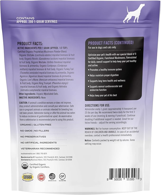 Om Mushroom Matrix Healthy Pet Mushroom Supplement, Supports Daily Functional Immune Support for Dogs & Cats, 200 Grams, 7.1 oz