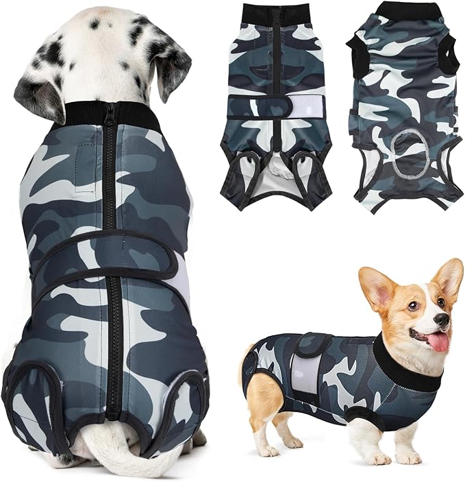 Lukovee Recovery Suit for Dogs, Zipper On Recovery Suit for Female Male Dog, Onesie Abdominal Wounds Cone E-Collar Alternative Prevent Licking Spay Recovery Suit (L,CF)