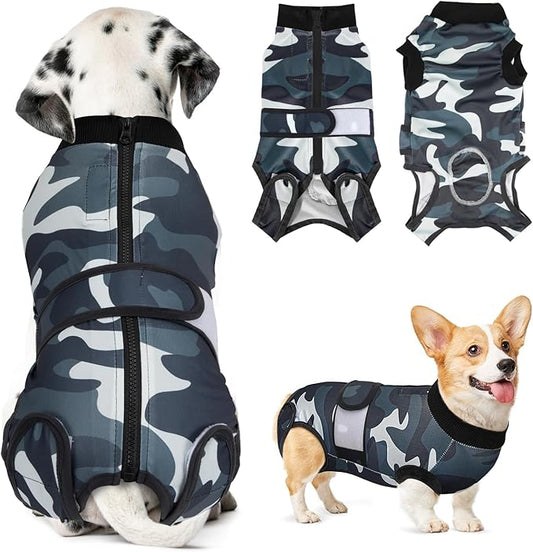 Lukovee Recovery Suit for Dogs, Zipper On Recovery Suit for Female Male Dog, Onesie Abdominal Wounds Cone E-Collar Alternative Prevent Licking Spay Recovery Suit (M,CF)