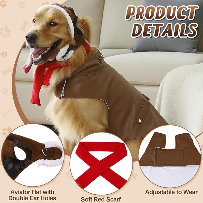 3 Pcs Dog Pilot Costume Set Halloween Dog Costume Aviator Pet Leather Jacket, Pilot's Hat with Goggles and Scarf Set Funny Cosplay Outfit for Extra Large Pet