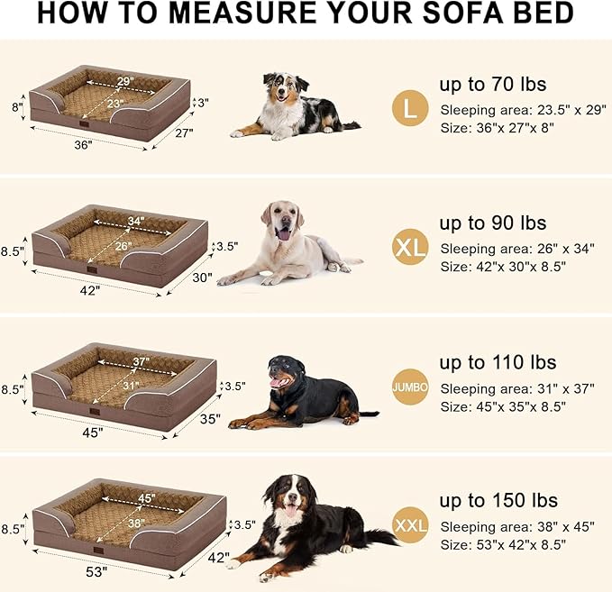 Orthopedic Dog Beds for Extra Large Sized Dogs, Waterproof Memory Foam XL Pet Bed with Sides 42x30Inch, Non-Slip and Egg-Crate Foam Big Dog Couch Bed with Removable Washable Cover, Brown