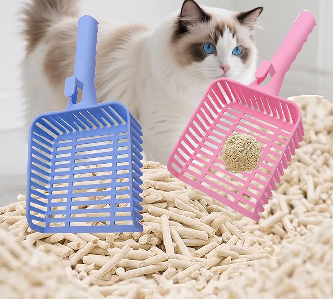 YXQ 2Pcs Litter Scoop for Cats Plastic Durable Deep Shovel Small Holes and Long Handle for Sifting Kitty Litter (Red+Blue)